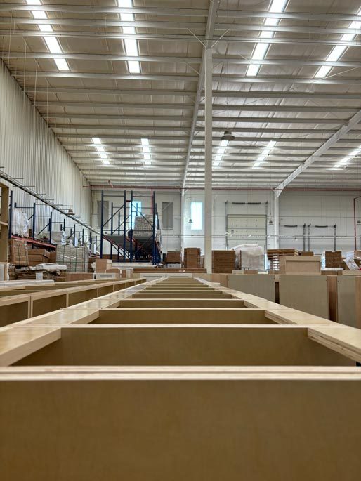 Cabinet boxes running down the production floor